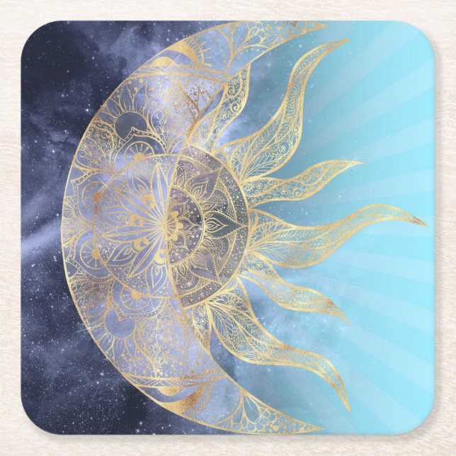Dessous-de-verre Carré En Papier Gold Moon Sun Mandala Celestial Design (Devant)