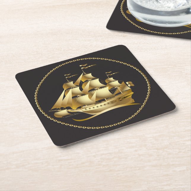 Dessous-de-verre Carré En Papier Gold Sailboat Nautical (Incliné)