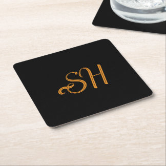 Dessous-de-verre Carré En Papier Gold script custom initials black