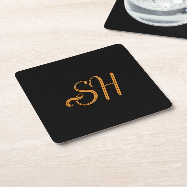 Dessous-de-verre Carré En Papier Gold script custom initials black (Incliné)