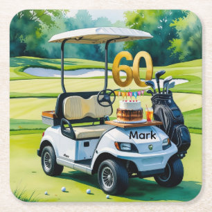 Dessous-de-verre Carré En Papier Golf 60ème anniversaire avec voiturette de golf su