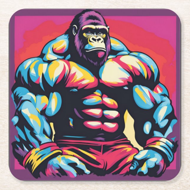 Dessous-de-verre Carré En Papier Gorilla Bodybuilder Lifter Pop Art Dessin (Devant)
