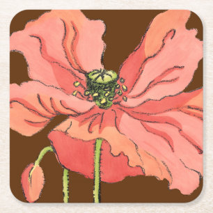 Dessous-de-verre Carré En Papier Grande Fleur rose avec Arrière - plan rouge profon