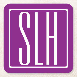 Dessous-de-verre Carré En Papier Gras moderne 3 initiales Monogramme   Blanc et pou