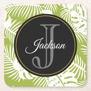 Dessous-de-verre Carré En Papier Green Palm Feuille Rainforest Motif Monogram