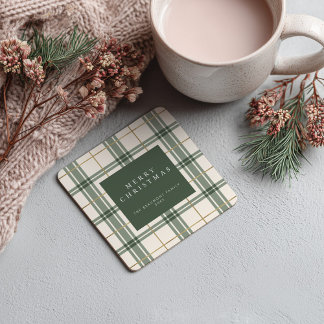 Dessous-de-verre Carré En Papier Green Plaid Christmas Square Paper Coaster