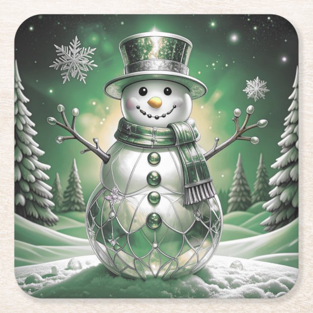 Dessous-de-verre Carré En Papier Green Snowman Snowflakes Holiday Paper Coaster (Devant)