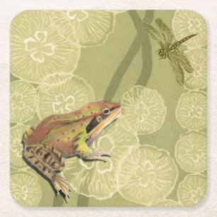 Dessous-de-verre Carré En Papier Grenouille et libellule sur des nénuphars