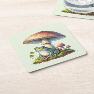 Dessous-de-verre Carré En Papier Grenouille sous un champignon Mignon Nature