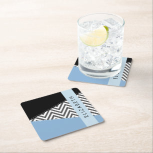 Dessous-de-verre Carré En Papier Grey Zigzag, Grey Chevron, Bleu, Votre Nom