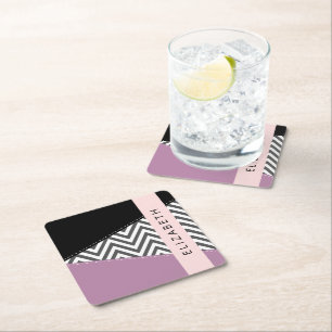 Dessous-de-verre Carré En Papier Grey Zigzag, Grey Chevron, Purple, Votre Nom