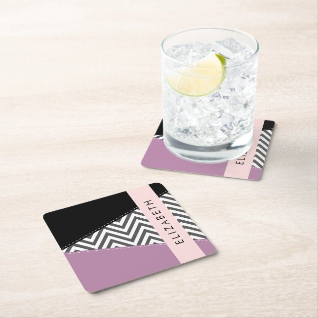 Dessous-de-verre Carré En Papier Grey Zigzag, Grey Chevron, Purple, Votre Nom (En situation)