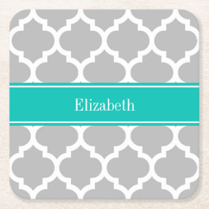 Dessous-de-verre Carré En Papier Gris Blanc Marocain #5 Nom Turquoise Monogramme