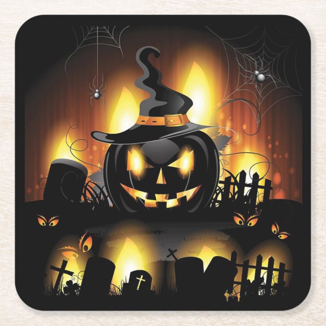 Dessous-de-verre Carré En Papier Halloween - Citrouilles effrayants avec Casquette  (Devant)