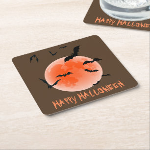 Dessous-de-verre Carré En Papier Halloween Lune Orange Et Bats Noirs