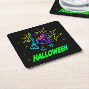 Dessous-de-verre Carré En Papier Halloween Neon Look Purple Ghost Broom Party