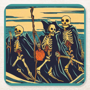 Dessous-de-verre Carré En Papier Halloween - Skeletons Woodcut 3