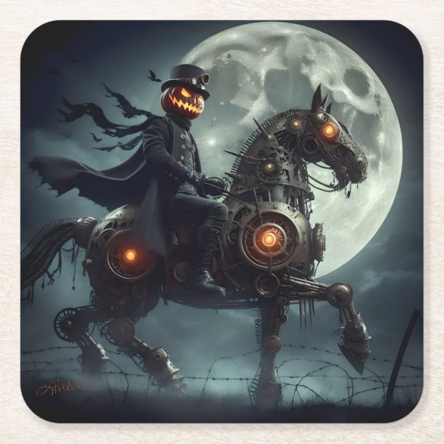 Dessous-de-verre Carré En Papier Halloween Steampunk Horseman sans tête (Devant)