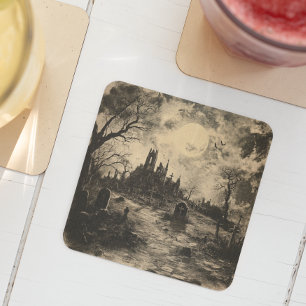 Dessous-de-verre Carré En Papier Halloween Vintage Graveyard Tombstone