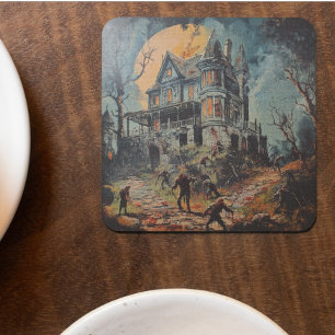 Dessous-de-verre Carré En Papier Halloween Vintage Haunted House Zombie