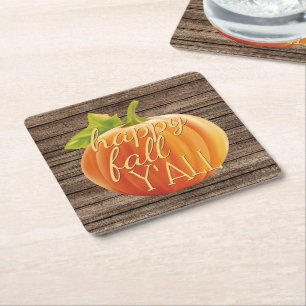 Dessous-de-verre Carré En Papier Happy Fall Y'all Orange Citrouille sur Planks Moti
