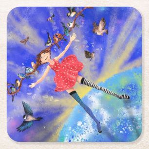 Dessous-de-verre Carré En Papier Happy Girl with Birds Paper Dessous de verre