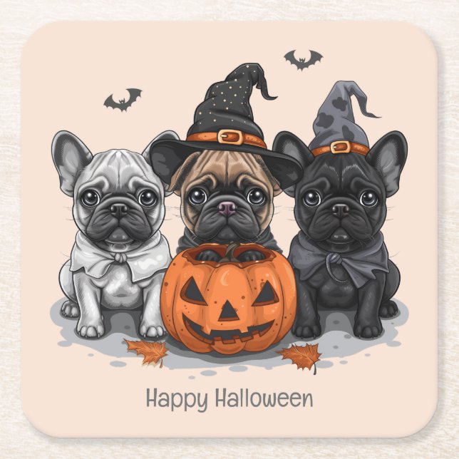 Dessous-de-verre Carré En Papier Happy Halloween Bulldogs français (Devant)