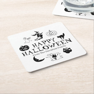 Dessous-de-verre Carré En Papier Happy Halloween nom personnalisé noir blanc éffray