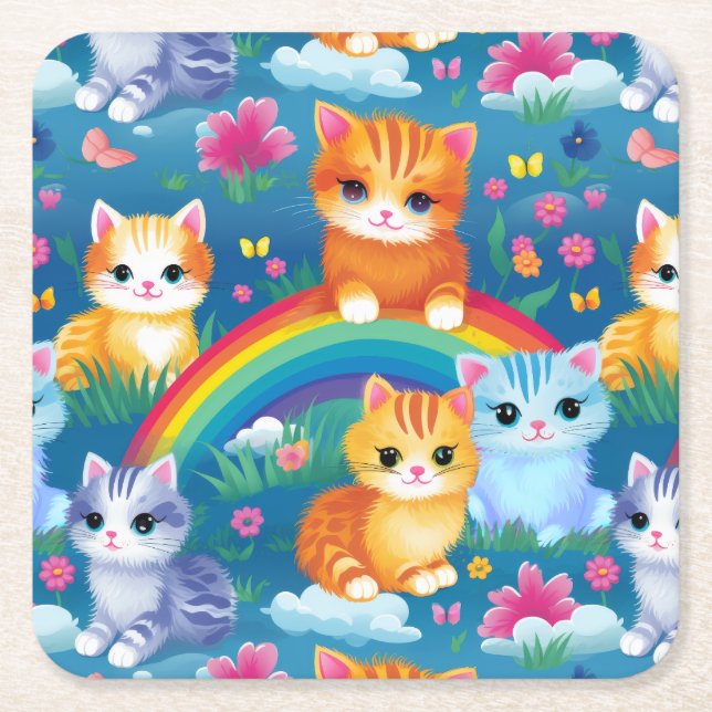 Dessous-de-verre Carré En Papier Happy Kitty Cats sur Rainbow Clouds (Devant)