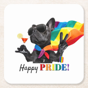 Dessous-de-verre Carré En Papier Happy Pride Party Dog in Rainbow Cape