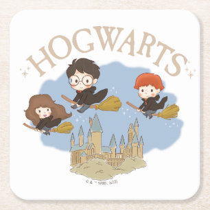 Dessous-de-verre Carré En Papier HARRY POTTER™, Hermione & Ron Fly Over HOGWARTS™