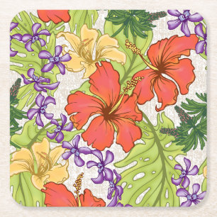 Dessous-de-verre Carré En Papier Hibiscus et orchidées hawaïens tropicaux de Keleah