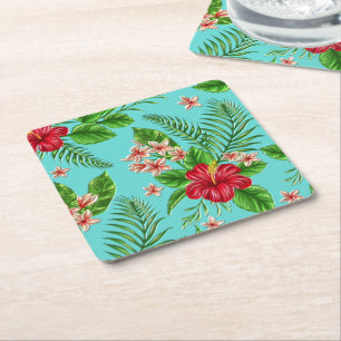 Dessous-de-verre Carré En Papier Hibiscus Tropical Rose Cute Fleur Sur Turquoise