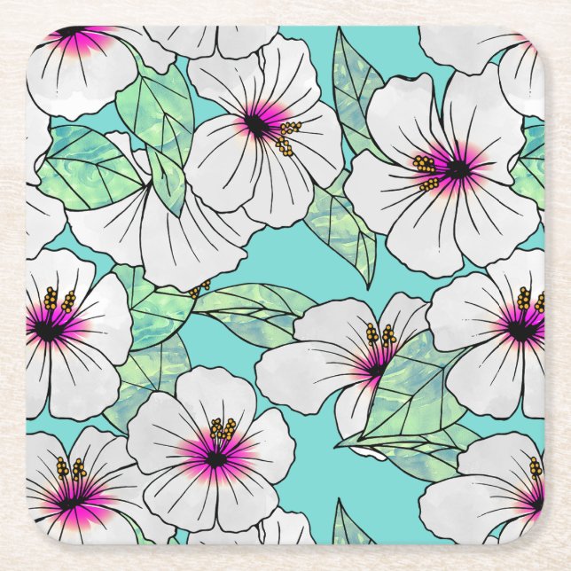 Dessous-de-verre Carré En Papier Hibiscus tropical rose et blanc Motif floral (Devant)