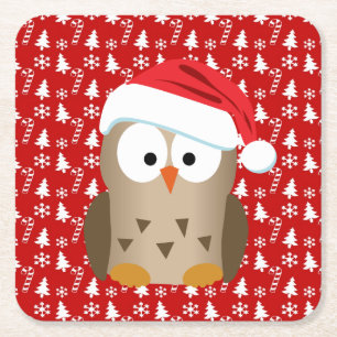Dessous-de-verre Carré En Papier Hibou de Noël avec le casquette de Père Noël