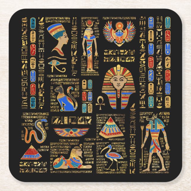 Dessous-de-verre Carré En Papier Hiéroglyphes et divinités égyptiens en noir (Devant)