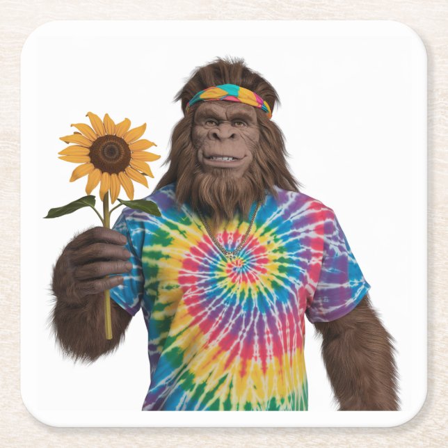 Dessous-de-verre Carré En Papier Hippie Sasquatch à Tiedye avec tournesol (Devant)
