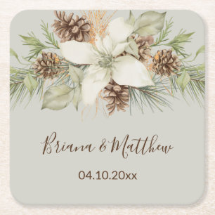 Dessous-de-verre Carré En Papier Hiver Beige Elegant Mariage Script