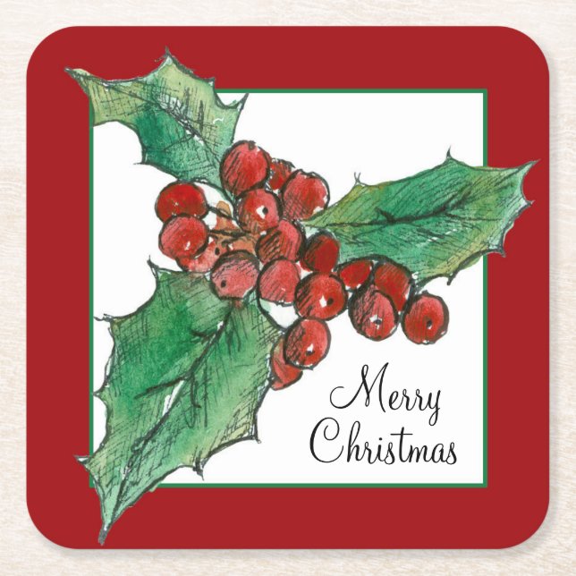 Dessous-de-verre Carré En Papier Holly Berries Plante Botanique Art Joyeux Noël (Devant)