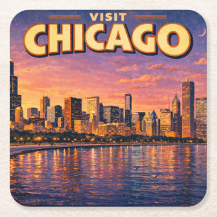 Dessous-de-verre Carré En Papier horizon de Chicago et lac Michigan au crépuscule