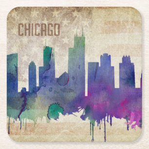 Dessous-de-verre Carré En Papier Horizon de ville d'aquarelle de Chicago, IL  