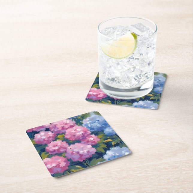 Dessous-de-verre Carré En Papier Hortensias d'été | Fleurs côtières roses et bleues (En situation)