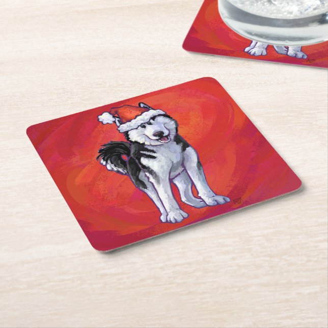 Dessous-de-verre Carré En Papier Husky à Santa Hat Sur Rouge (Incliné)