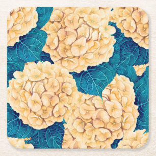 Dessous-de-verre Carré En Papier Hydrangea aquarelle motif, jaune et bleu