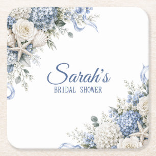Dessous-de-verre Carré En Papier Hydrangea Coastal Bridal Shower Personnalisé