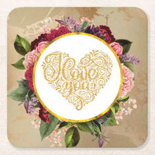 Dessous-de-verre Carré En Papier I Love You Fancy Golden Heart with Floral Frame