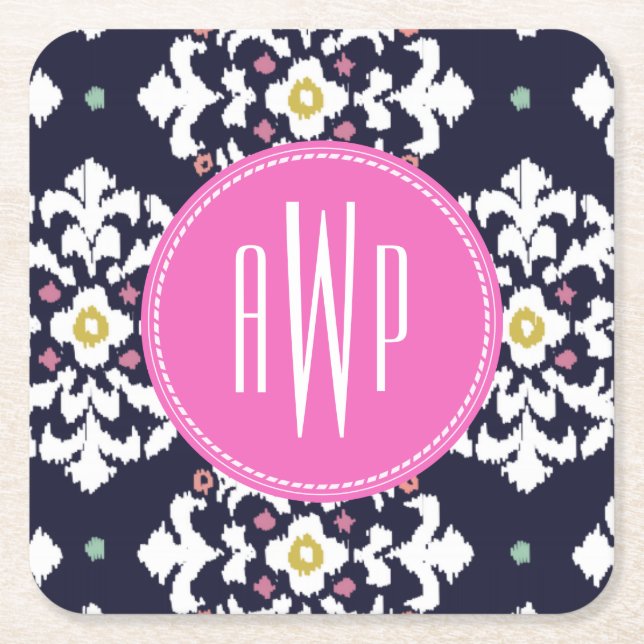 Dessous-de-verre Carré En Papier Ikat + Monogramme rose (Devant)