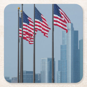 Dessous-de-verre Carré En Papier Illinois, Chicago. Navy Pier, drapeaux américains