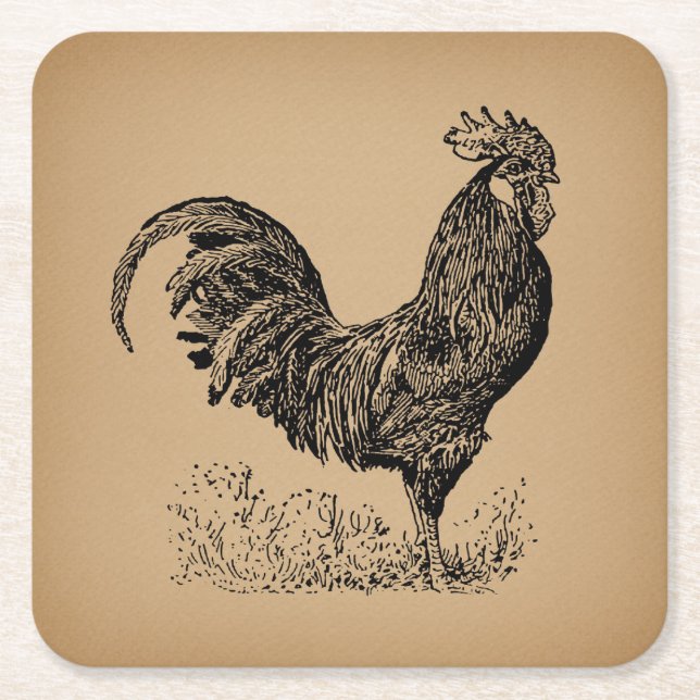 Dessous-de-verre Carré En Papier Illustration Brown d'un coq d'époque (Devant)