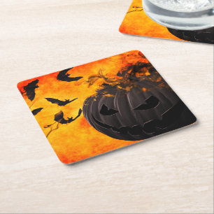 Dessous-de-verre Carré En Papier Illustration citrouille éffrayant et chauves-souri